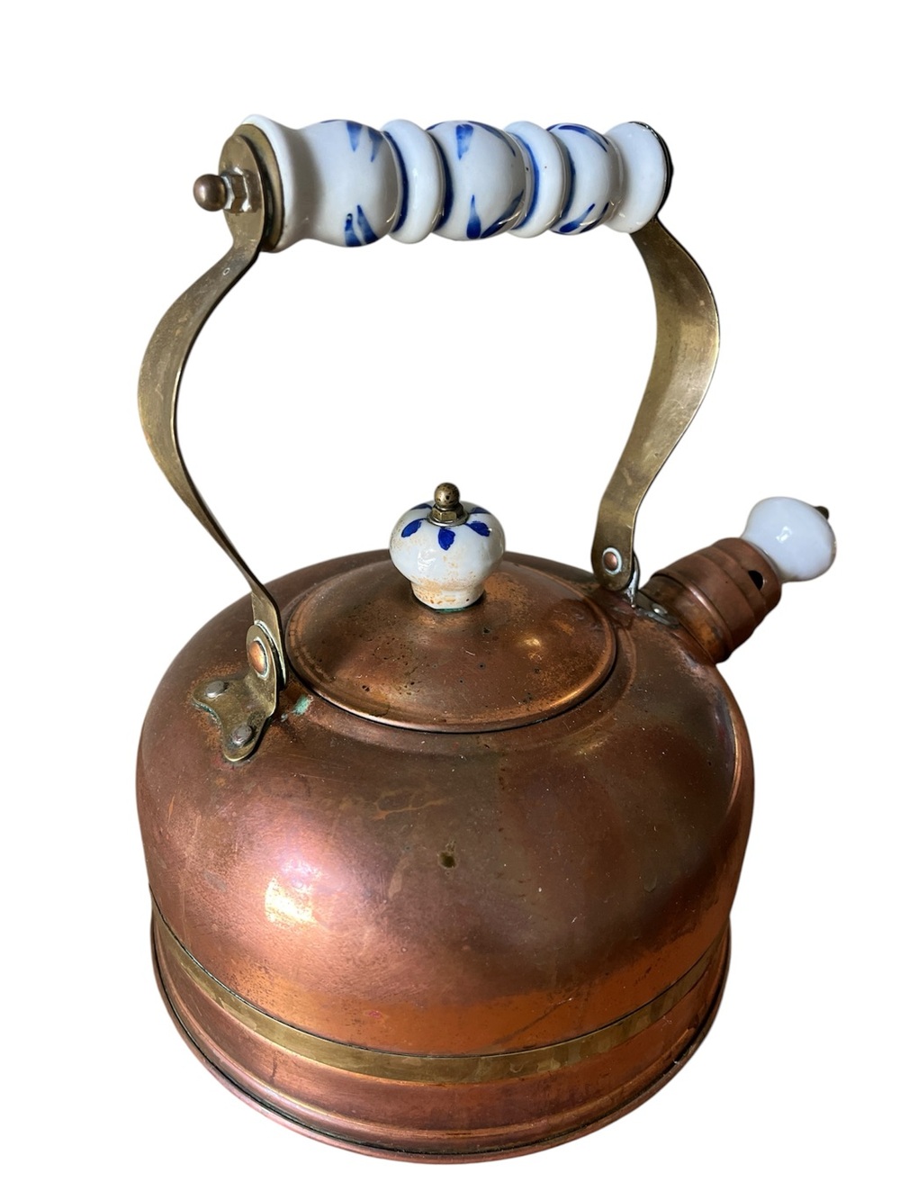 Vintage Korean Copper Tea Kettle Blue White Ceramic Handle Brass Farmhouse Decor
